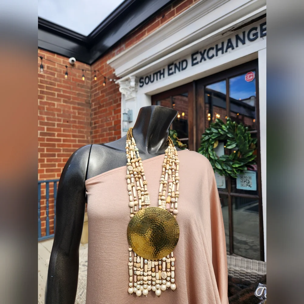 Neutral Beaded Statement Necklace with Bold Medallion ๐ - Picture 1 of 17